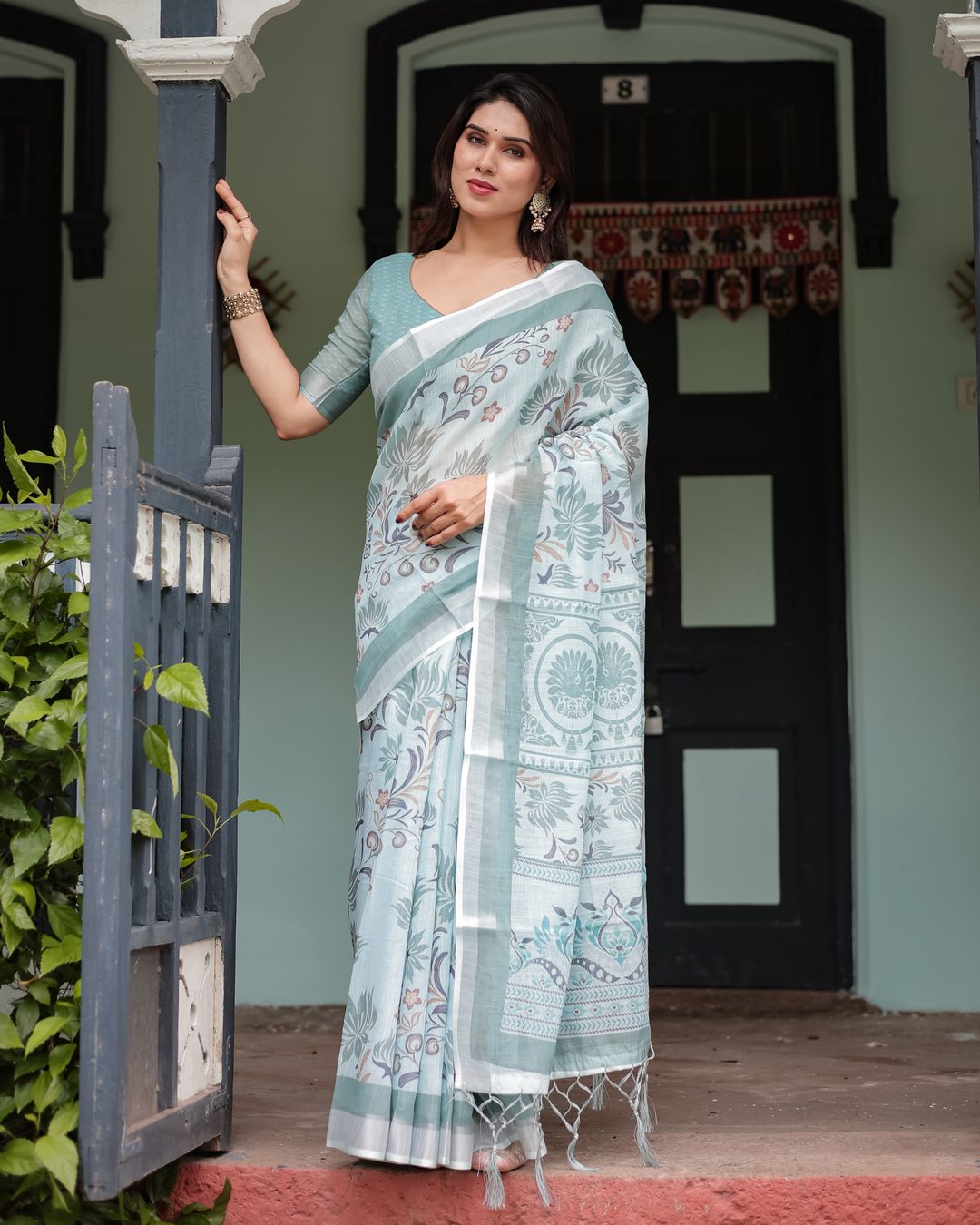 Sky Blue Floral-Print Linen Cotton Saree with Plain Border