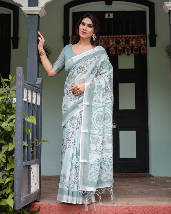 Sky Blue Floral-Print Linen Cotton Saree with Plain Border
