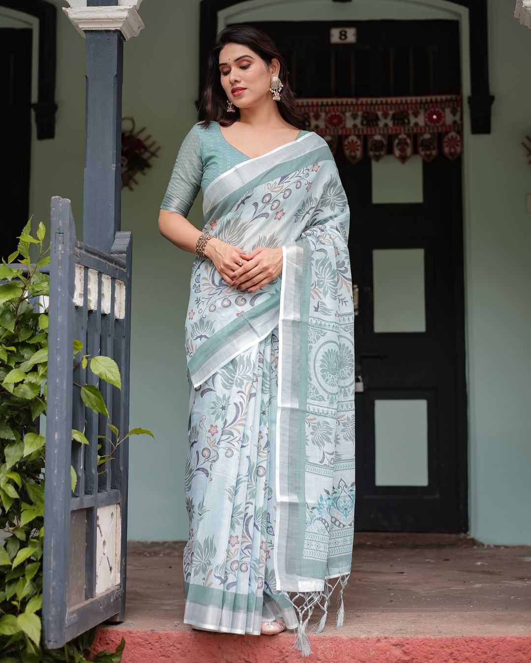 Sky Blue Floral-Print Linen Cotton Saree with Plain Border