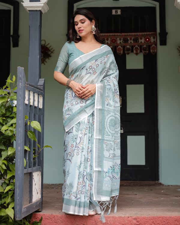Sky Blue Floral-Print Linen Cotton Saree with Plain Border