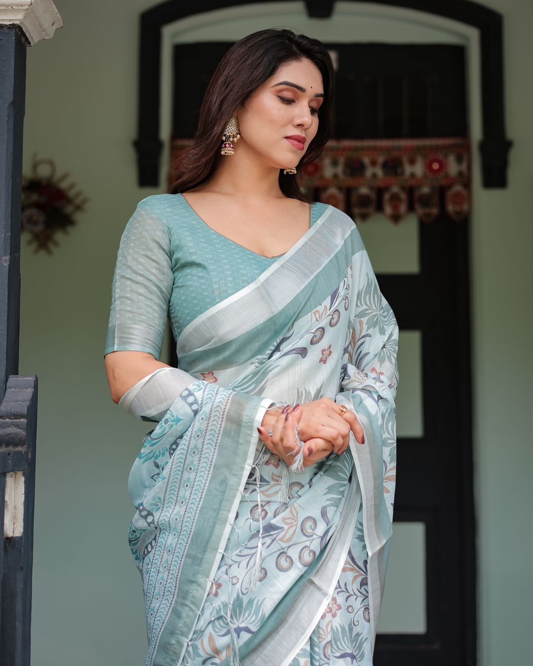 Sky Blue Floral-Print Linen Cotton Saree with Plain Border