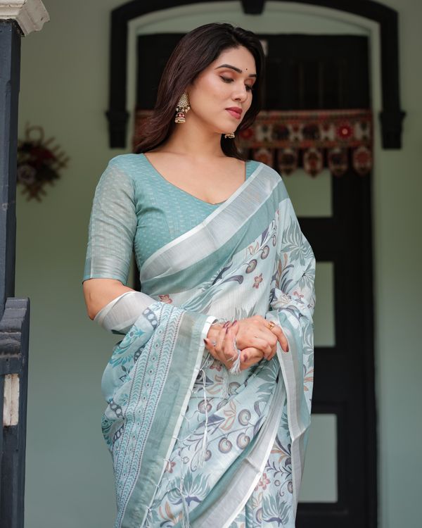 Sky Blue Floral-Print Linen Cotton Saree with Plain Border