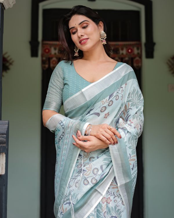 Sky Blue Floral-Print Linen Cotton Saree with Plain Border
