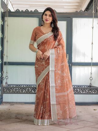 Rust Orange Floral Linen Cotton Saree with Contrast Borders