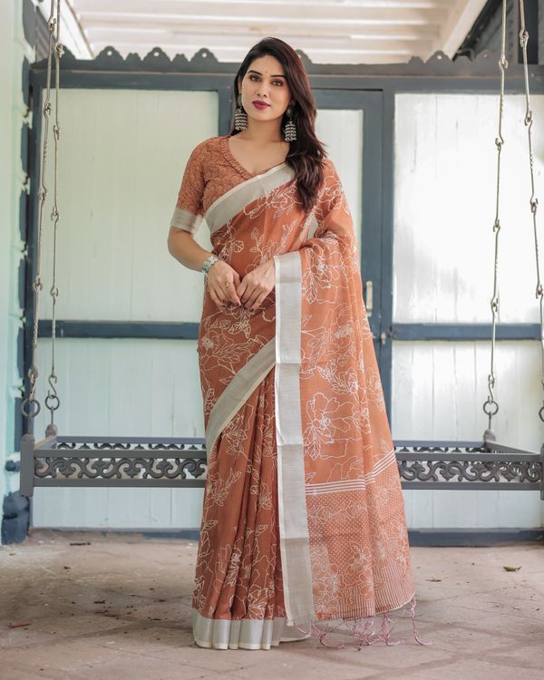 Rust Orange Floral Linen Cotton Saree with Contrast Borders