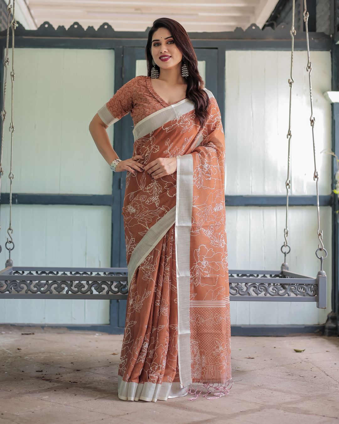 Rust Orange Floral Linen Cotton Saree with Contrast Borders