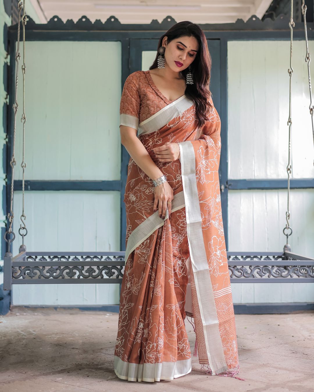 Rust Orange Floral Linen Cotton Saree with Contrast Borders