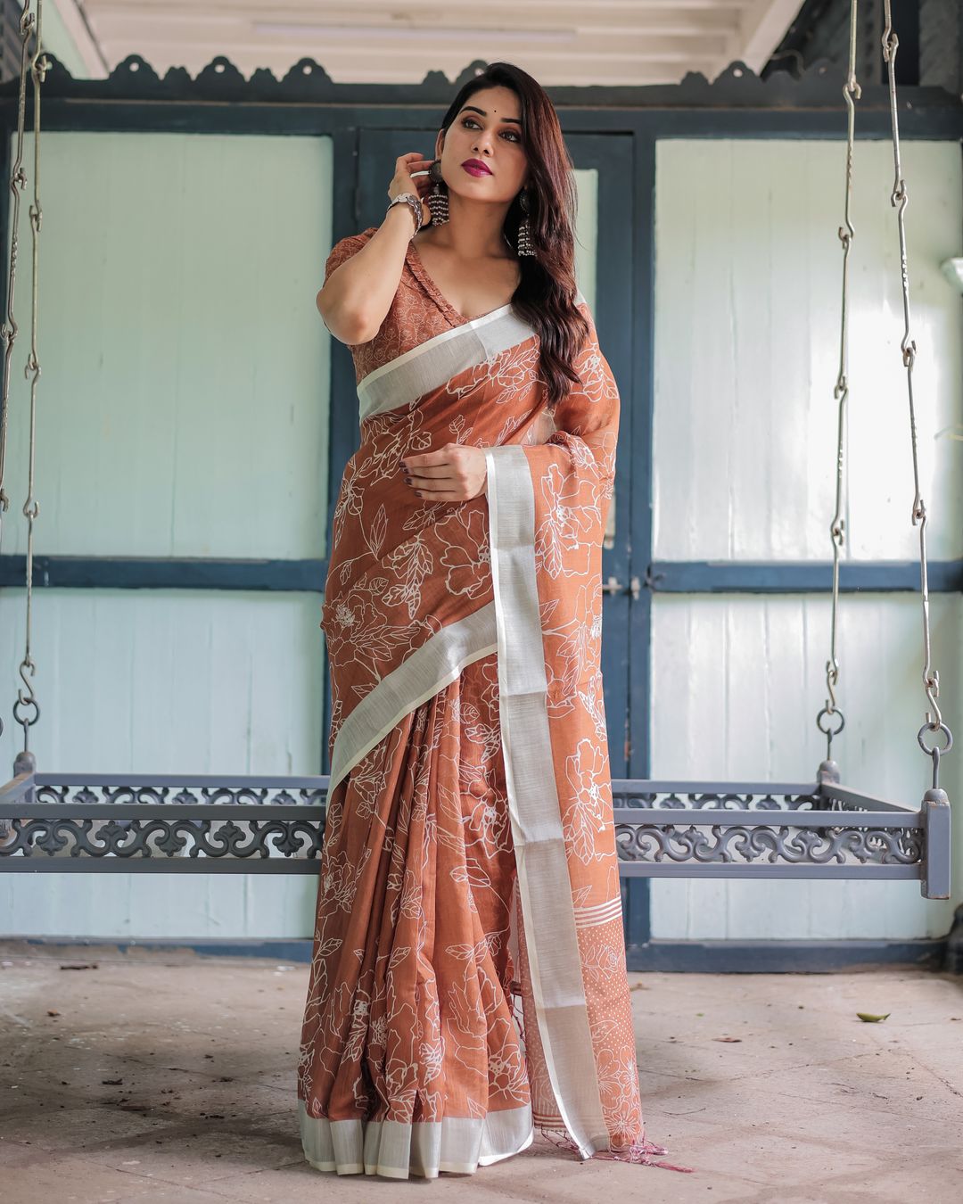 Rust Orange Floral Linen Cotton Saree with Contrast Borders