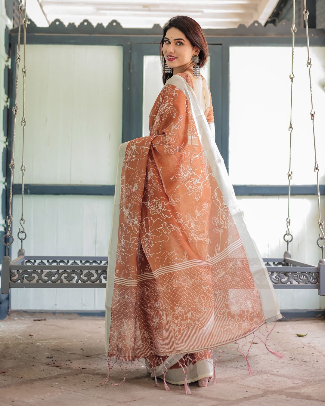 Rust Orange Floral Linen Cotton Saree with Contrast Borders