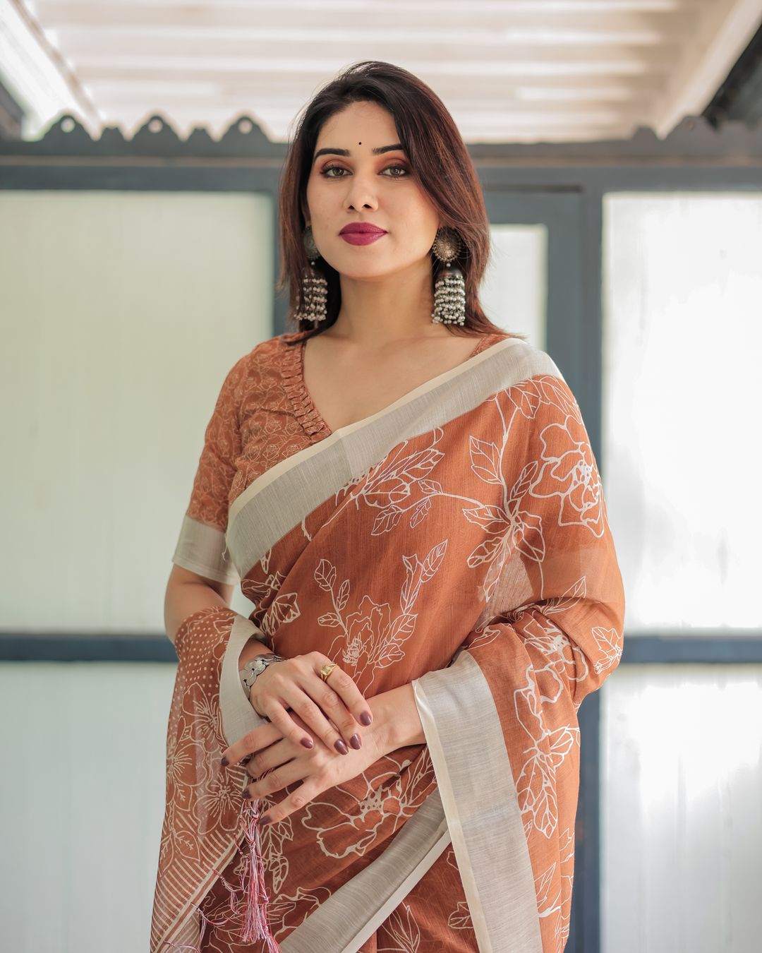 Rust Orange Floral Linen Cotton Saree with Contrast Borders