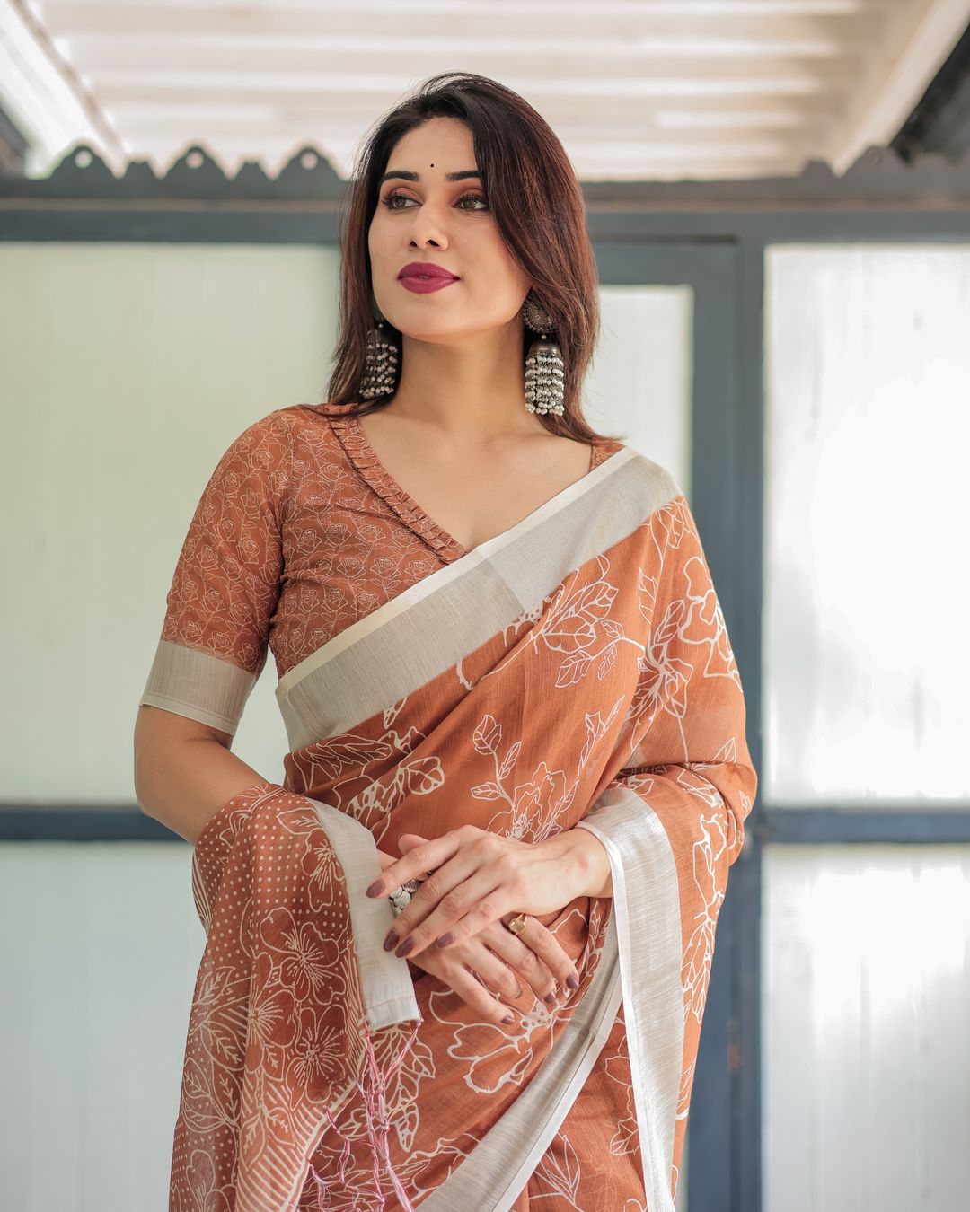 Rust Orange Floral Linen Cotton Saree with Contrast Borders