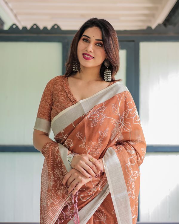 Rust Orange Floral Linen Cotton Saree with Contrast Borders