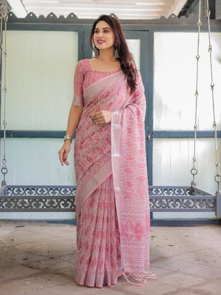 Rose Pink Floral Print Linen Cotton Saree with Plain Border