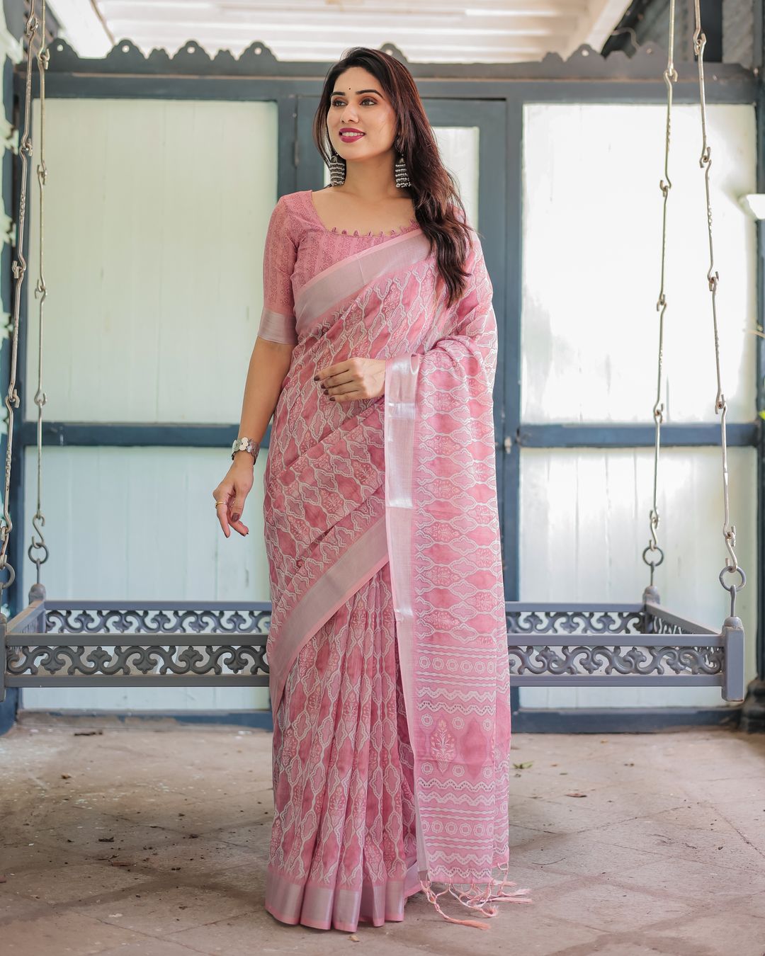 Rose Pink Floral Print Linen Cotton Saree with Plain Border