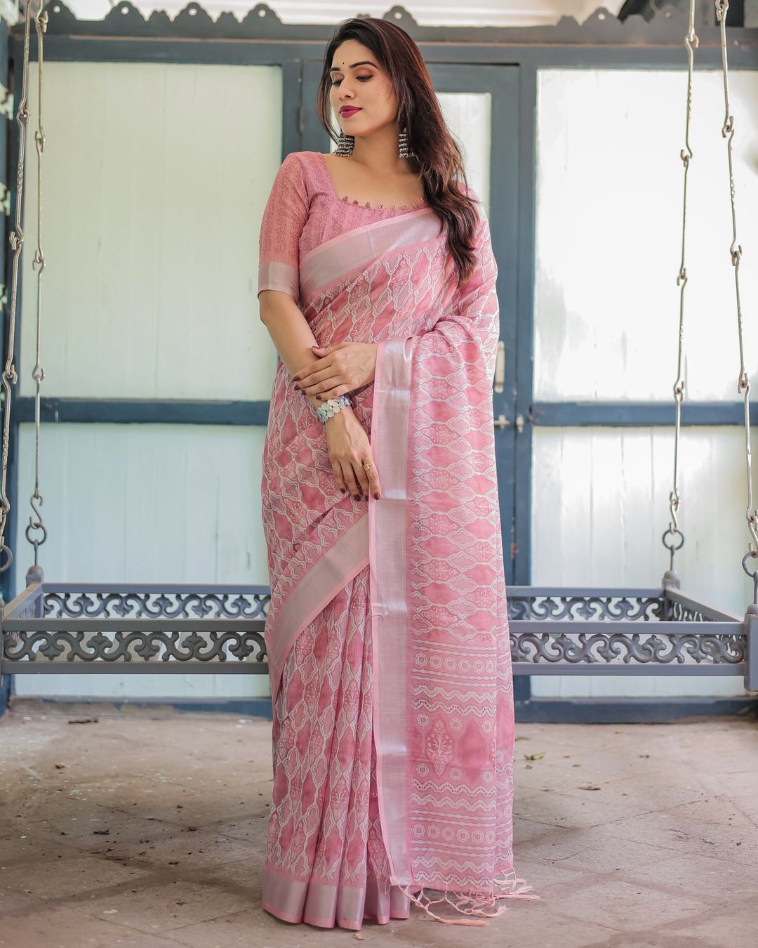 Rose Pink Floral Print Linen Cotton Saree with Plain Border