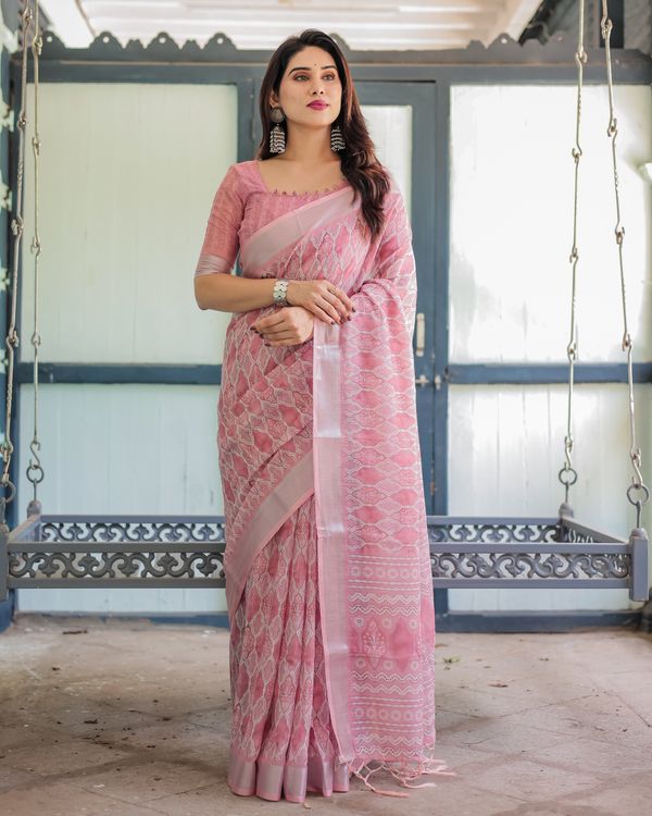 Rose Pink Floral Print Linen Cotton Saree with Plain Border