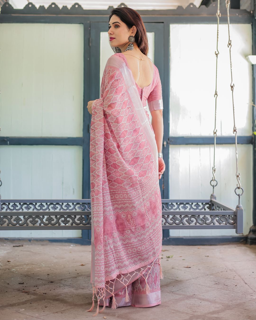 Rose Pink Floral Print Linen Cotton Saree with Plain Border
