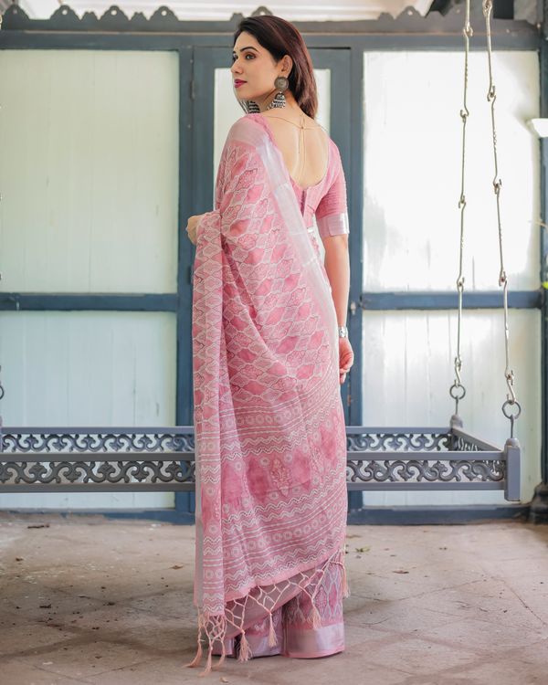 Rose Pink Floral Print Linen Cotton Saree with Plain Border