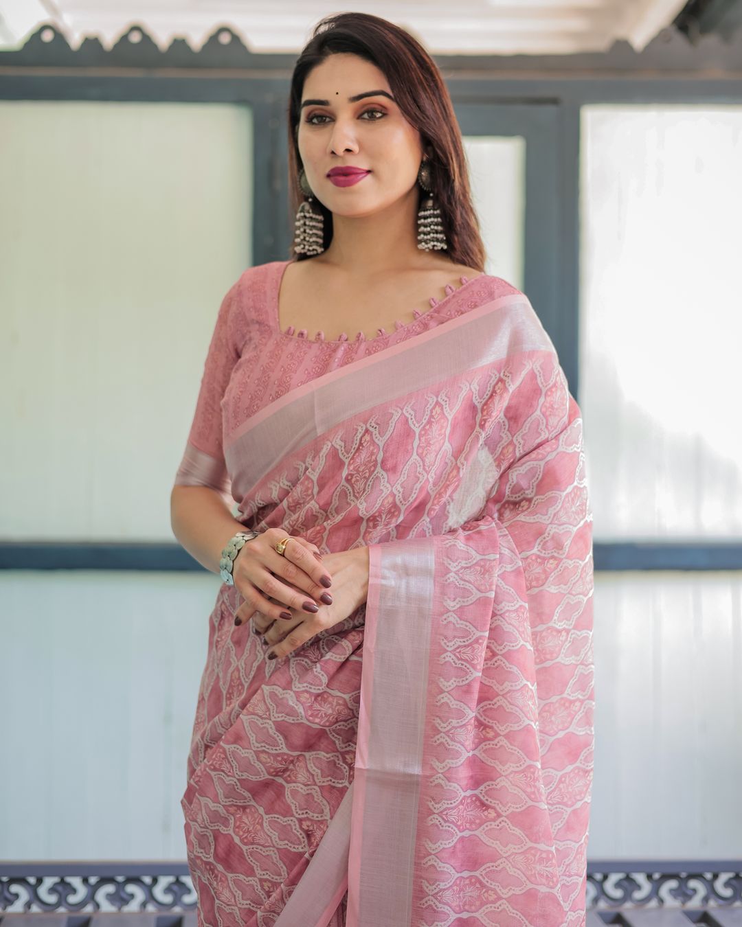 Rose Pink Floral Print Linen Cotton Saree with Plain Border