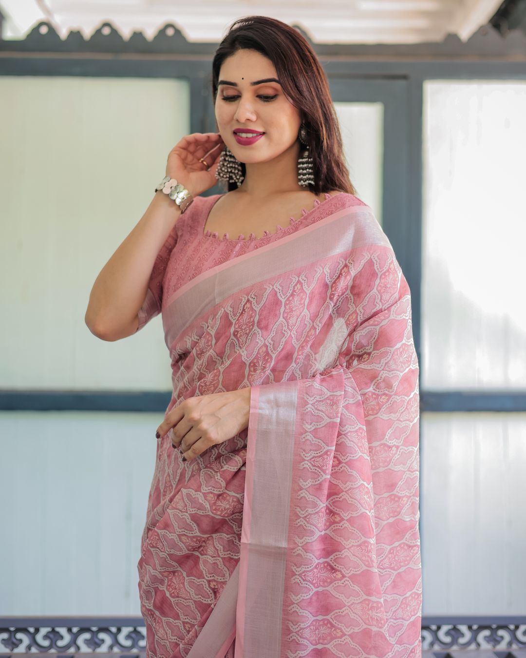 Rose Pink Floral Print Linen Cotton Saree with Plain Border