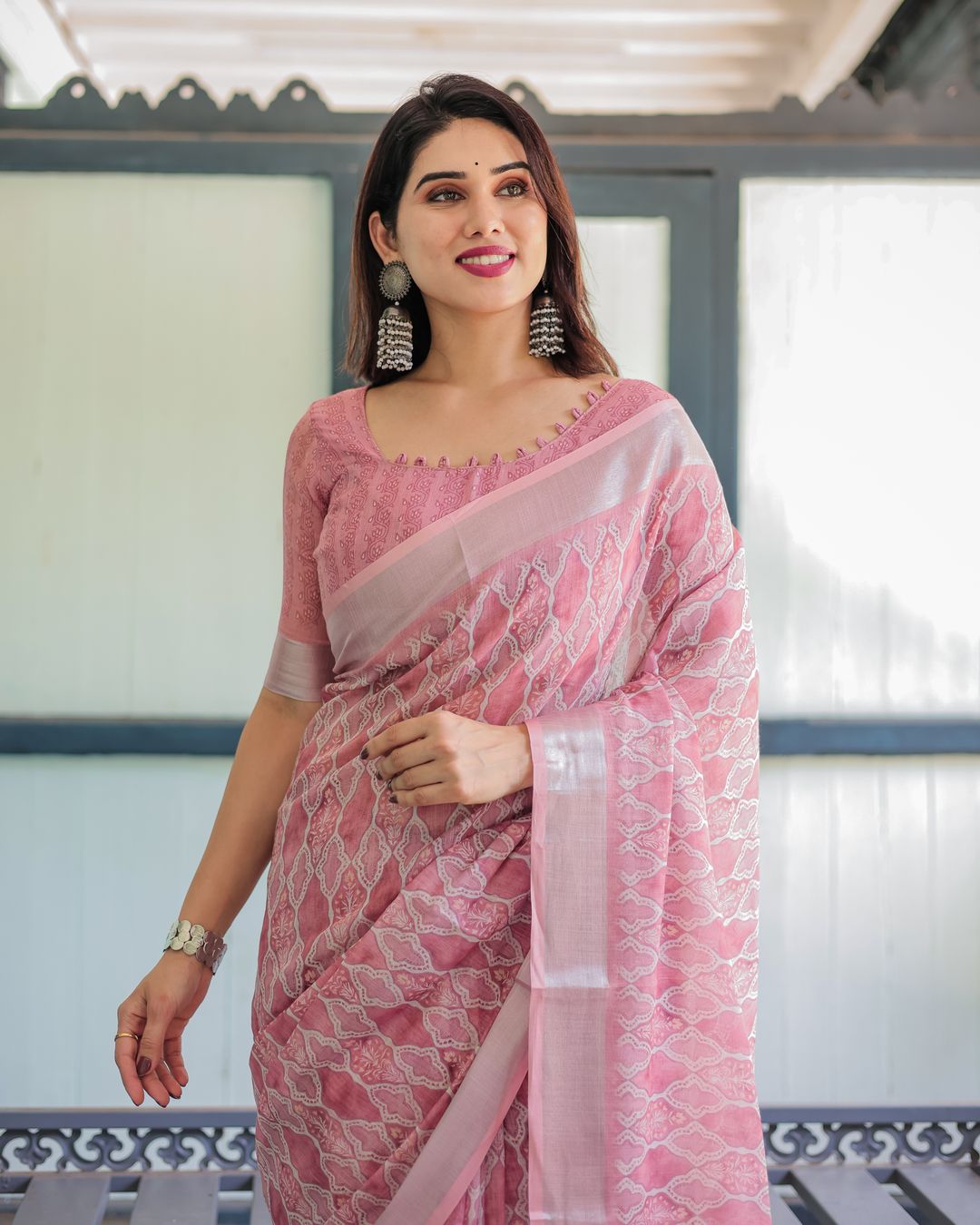 Rose Pink Floral Print Linen Cotton Saree with Plain Border