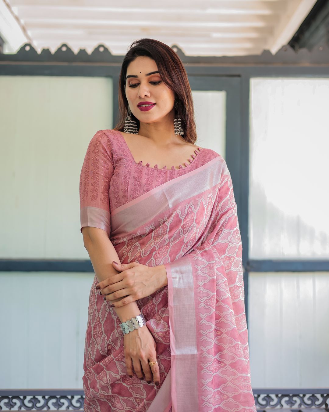 Rose Pink Floral Print Linen Cotton Saree with Plain Border