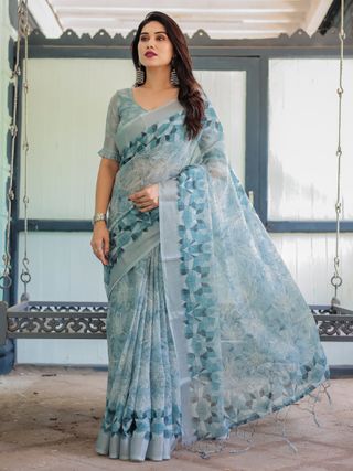 Powder Blue Floral Linen Cotton Saree with Geometric Border
