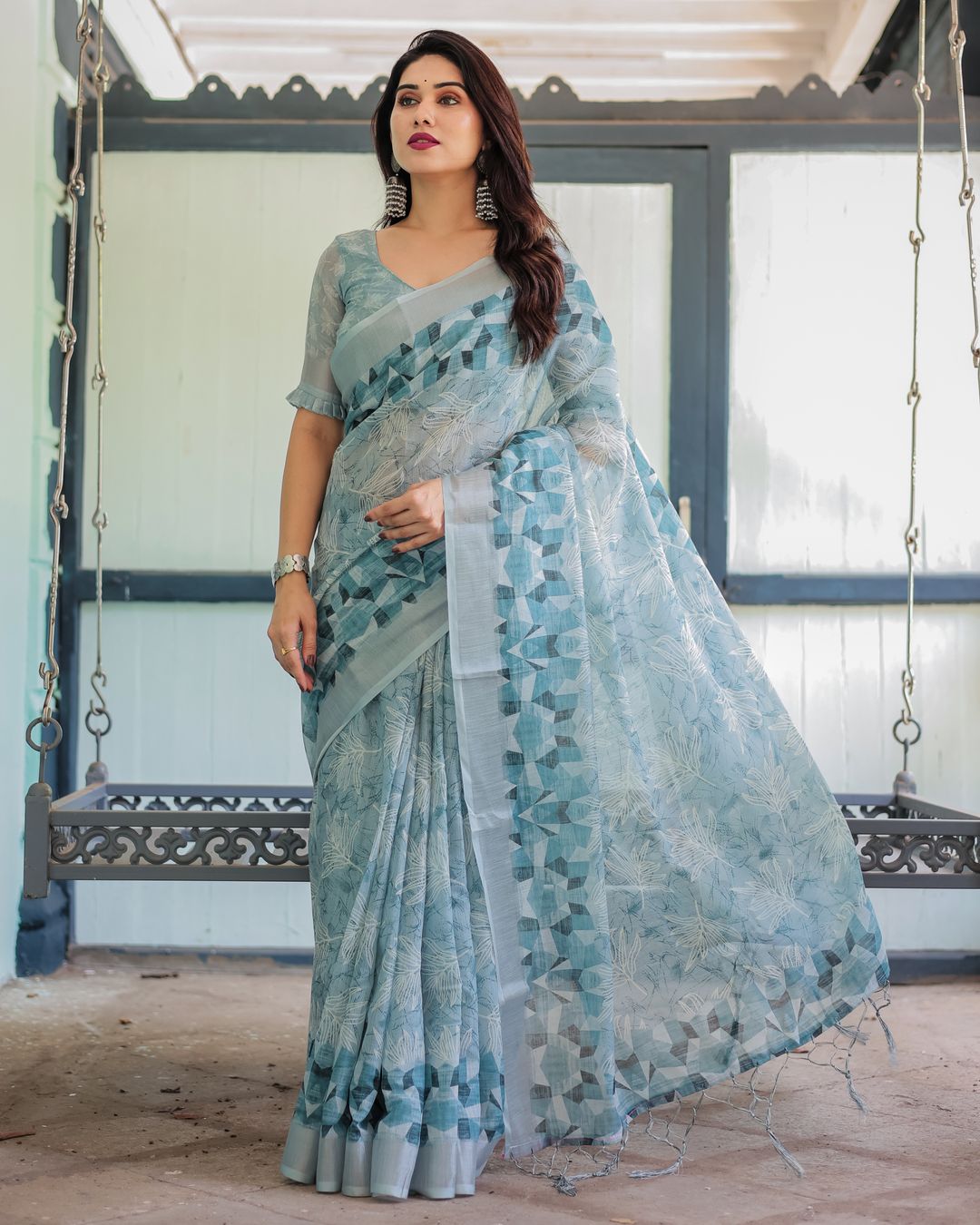 Powder Blue Floral Linen Cotton Saree with Geometric Border