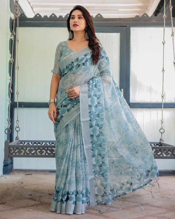 Powder Blue Floral Linen Cotton Saree with Geometric Border