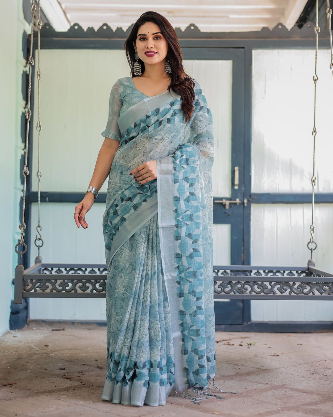 Powder Blue Floral Linen Cotton Saree with Geometric Border