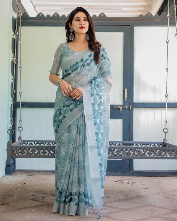 Powder Blue Floral Linen Cotton Saree with Geometric Border