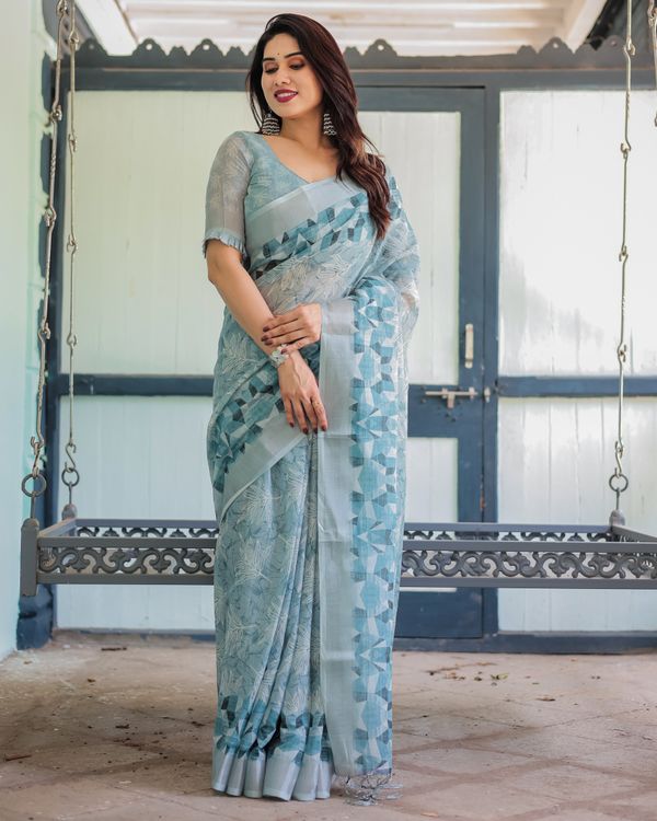 Powder Blue Floral Linen Cotton Saree with Geometric Border