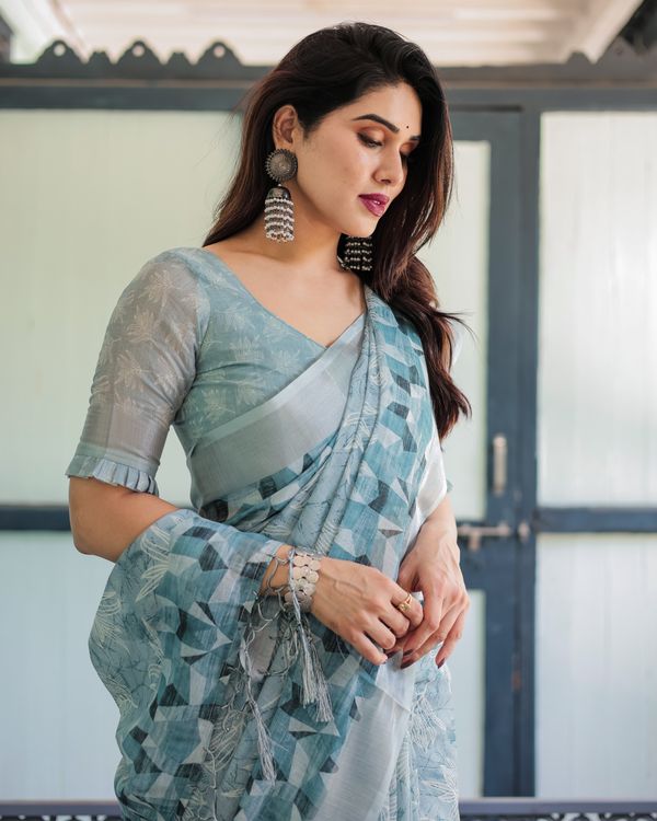 Powder Blue Floral Linen Cotton Saree with Geometric Border