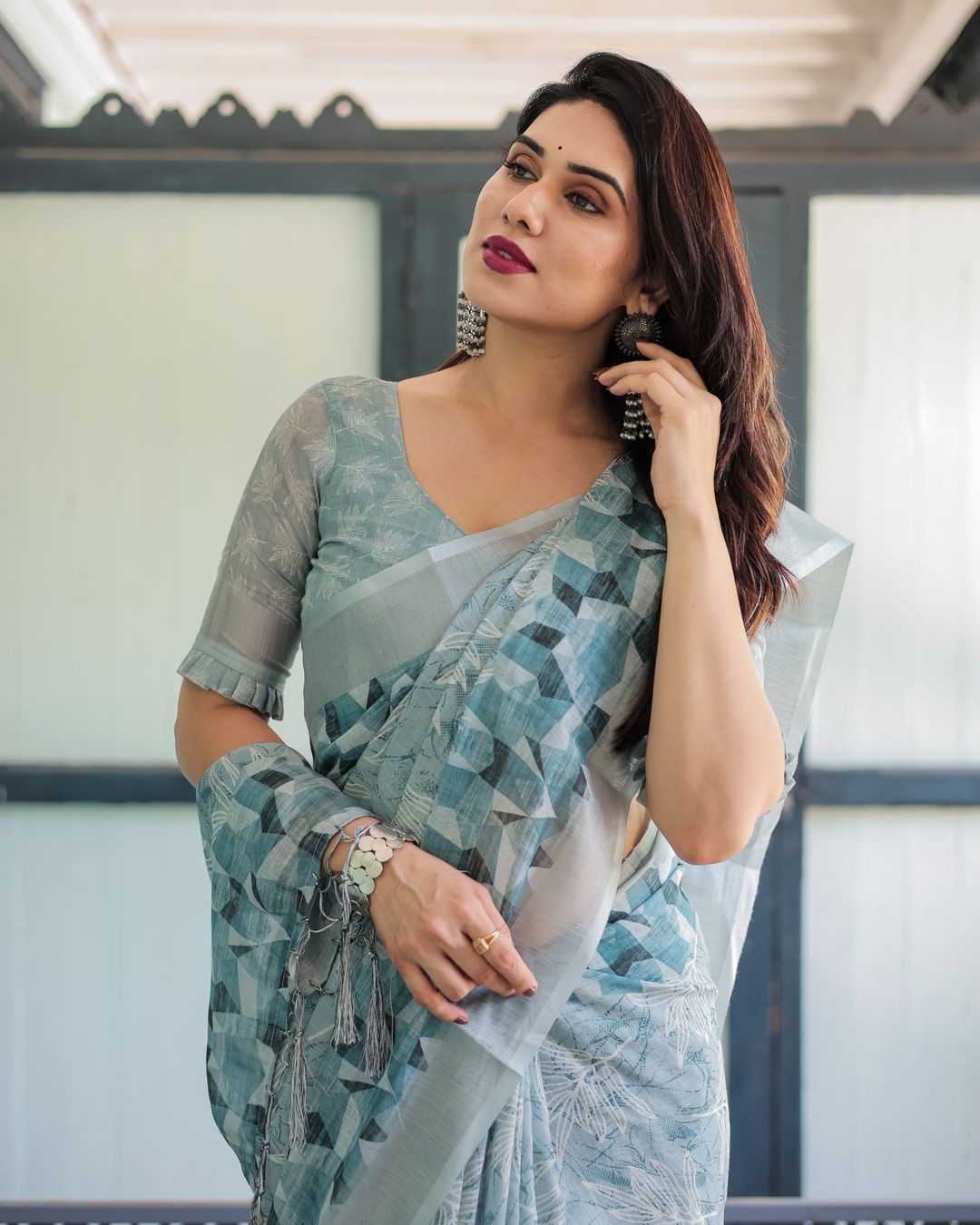 Powder Blue Floral Linen Cotton Saree with Geometric Border
