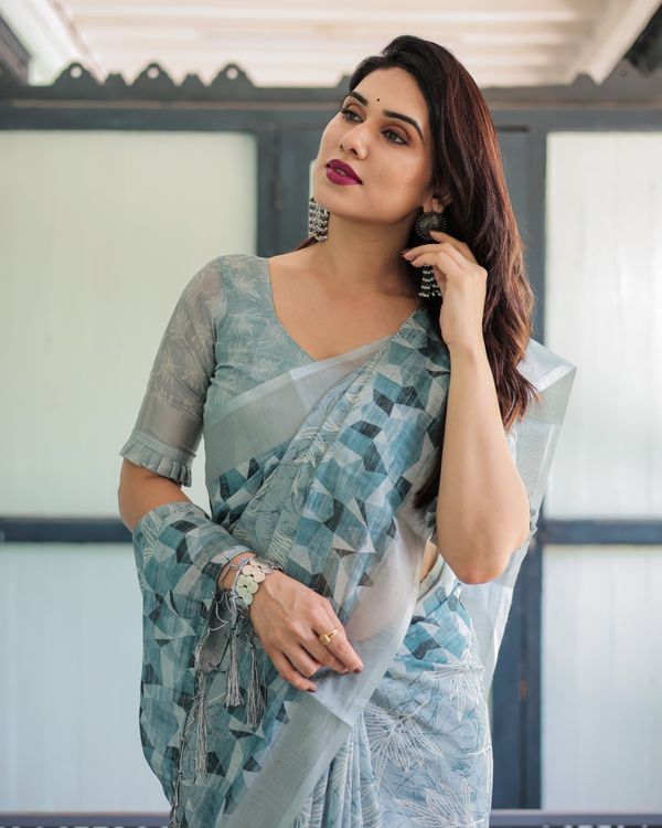 Powder Blue Floral Linen Cotton Saree with Geometric Border