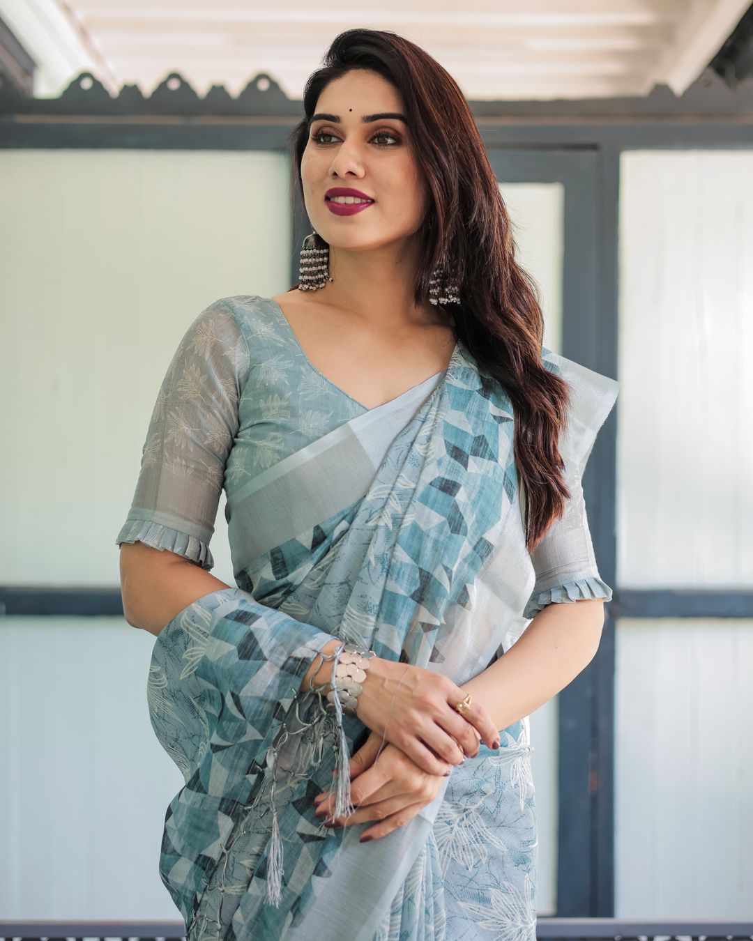 Powder Blue Floral Linen Cotton Saree with Geometric Border