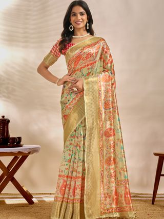 Mint Green Linen Cotton Saree with Paisley Floral Print