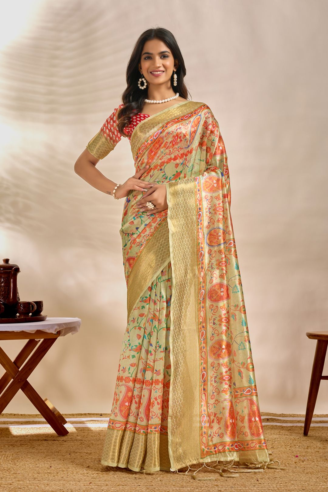 Mint Green Linen Cotton Saree with Paisley Floral Print