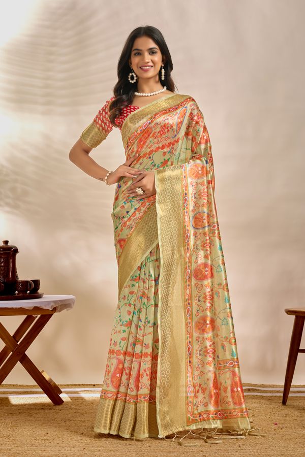 Mint Green Linen Cotton Saree with Paisley Floral Print