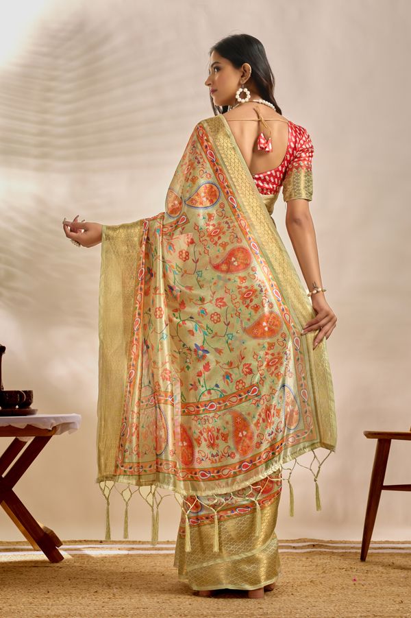 Mint Green Linen Cotton Saree with Paisley Floral Print
