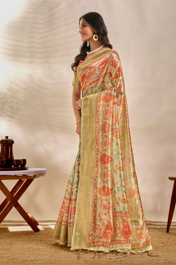 Mint Green Linen Cotton Saree with Paisley Floral Print