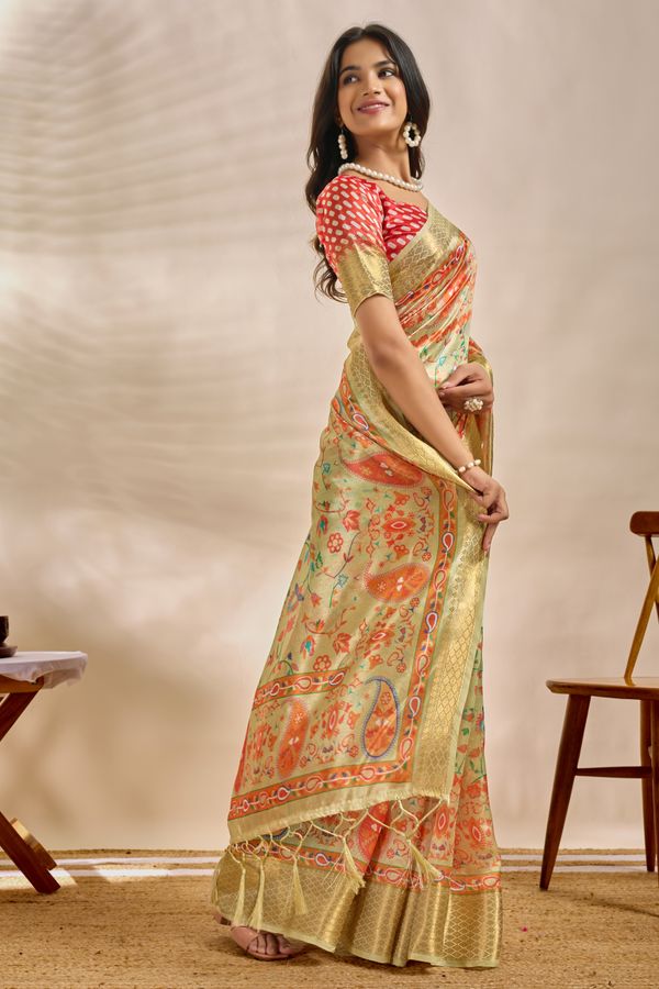 Mint Green Linen Cotton Saree with Paisley Floral Print