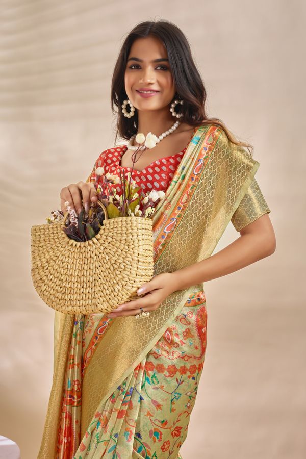 Mint Green Linen Cotton Saree with Paisley Floral Print