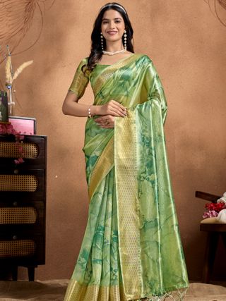 Lime Green Linen Cotton Saree with Abstract Leaf Pattern