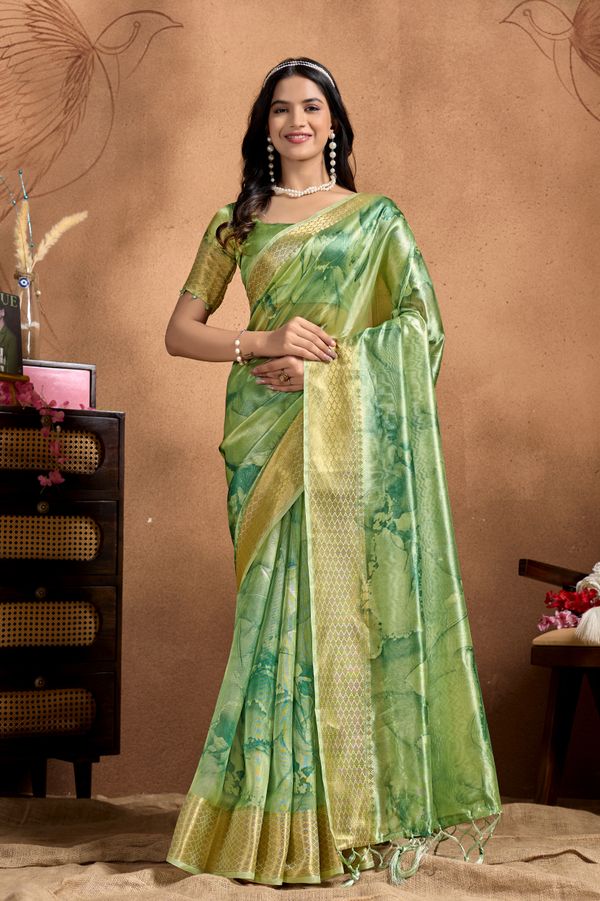Lime Green Linen Cotton Saree with Abstract Leaf Pattern