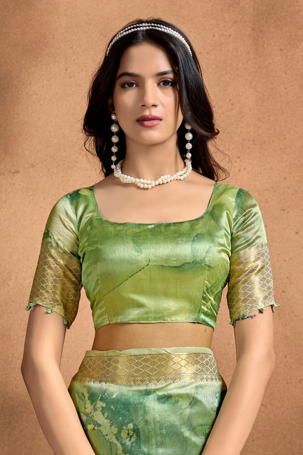 Lime Green Linen Cotton Saree with Abstract Leaf Pattern