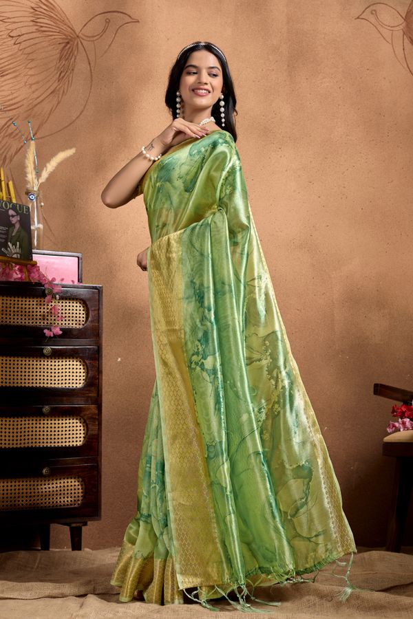 Lime Green Linen Cotton Saree with Abstract Leaf Pattern