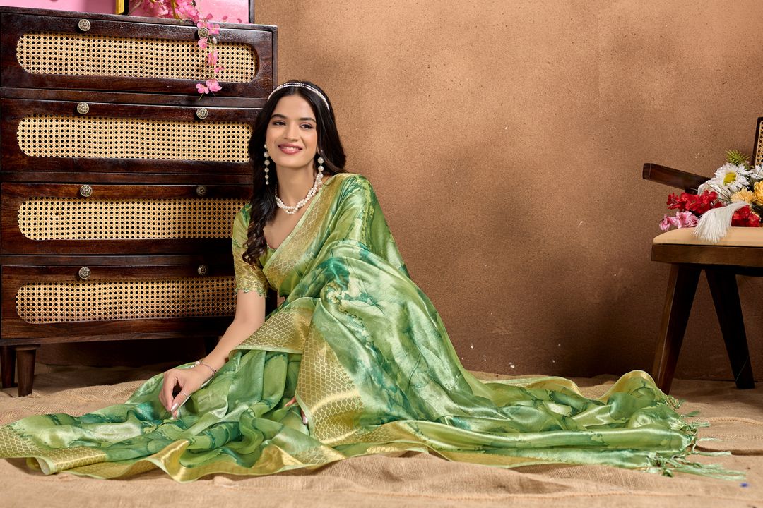 Lime Green Linen Cotton Saree with Abstract Leaf Pattern