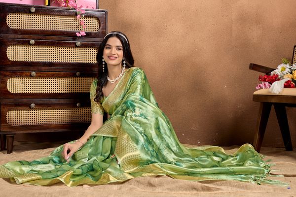 Lime Green Linen Cotton Saree with Abstract Leaf Pattern