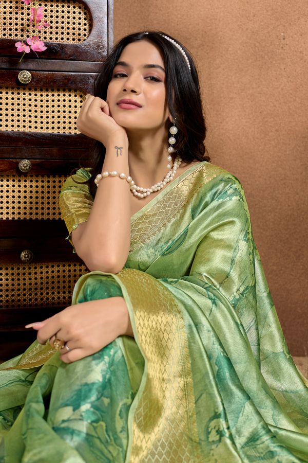 Lime Green Linen Cotton Saree with Abstract Leaf Pattern